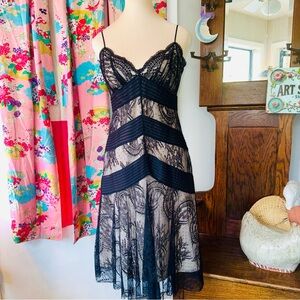 BCBGMaxAzria Black Lace Chevron-Trim Slip Dress